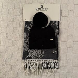 Anne Klein Dark Gray Scarf and Black Beanie Bundle Set, Adult OS NWT